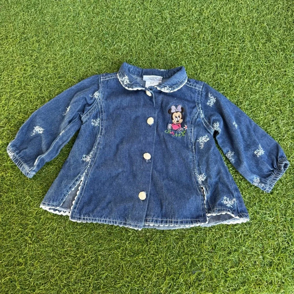 Vtg Disney Babies Minnie Mouse Denim Jacket 18M Blue Embroidered Floral Kidcore